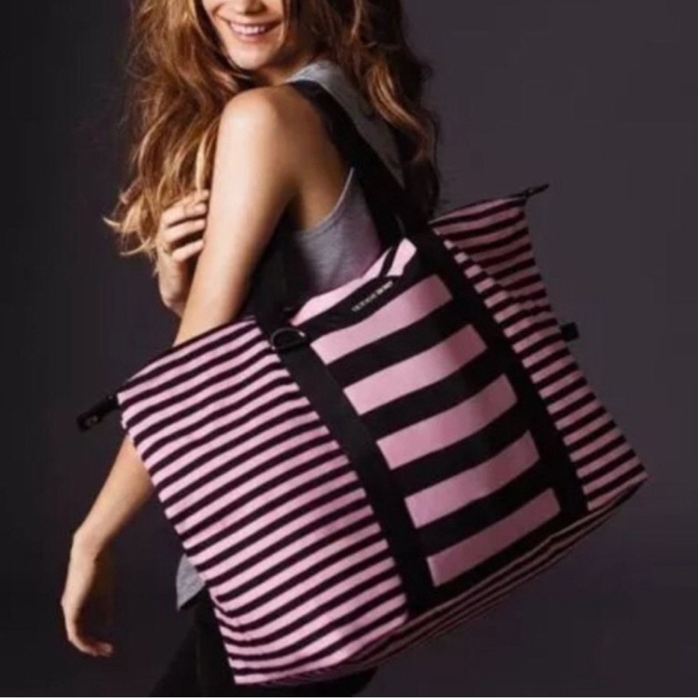Victoria’s Secret Bag X Large Weekender Travel Tote Duffle Striped Pink Black